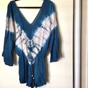 Beautiful Surf Gypsy Bohemian Blue/White Tie Dye Beach Swim Cover Up Romper Sz M